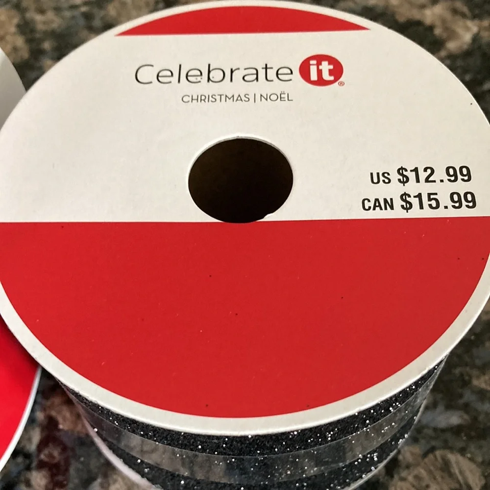 CELEBRATE IT WIRED RIBBON 2.5”x20 FT BLACK GLITTER LOT OF 3
